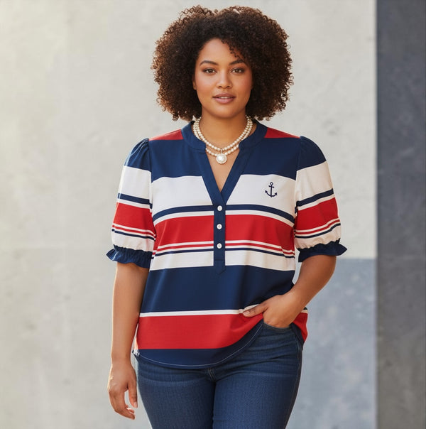 V-Neck Ruched Casual Blouse- Nautical