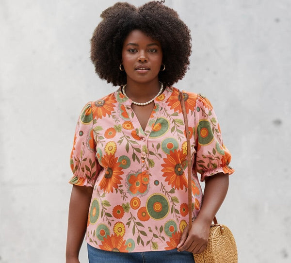 V-Neck Ruched Casual Blouse- Orange