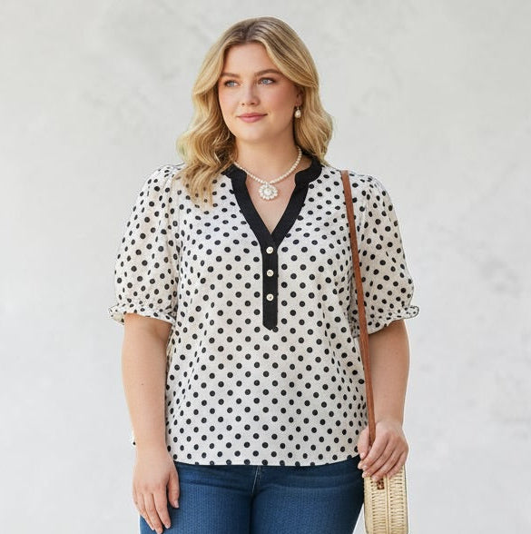 V-Neck Ruched Casual Blouse- Polka