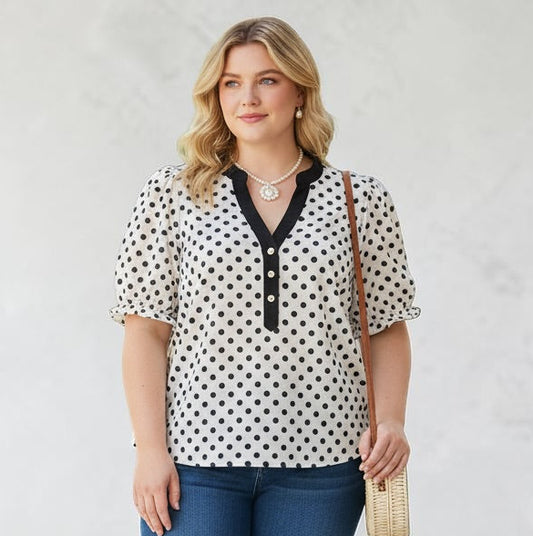 V-Neck Ruched Casual Blouse- Polka