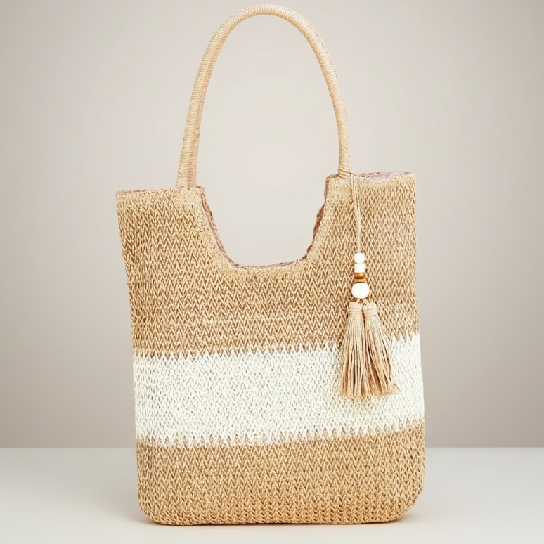 Color Block Woven Tote Bag