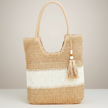 Color Block Woven Tote Bag