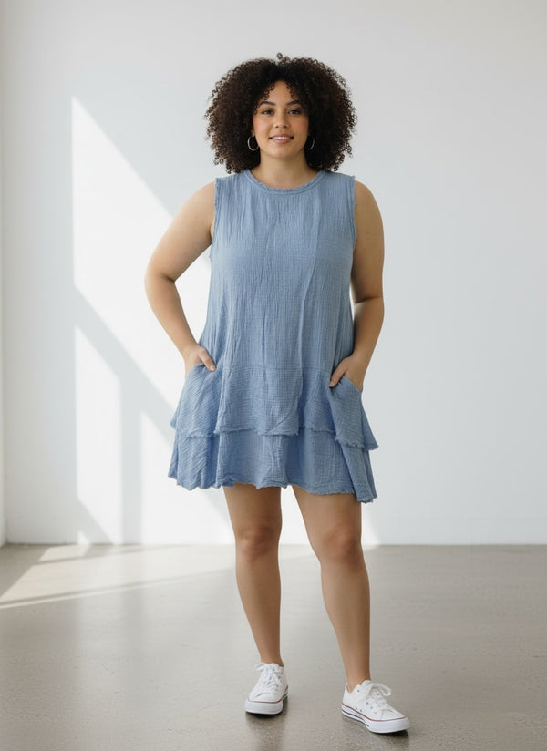 Blue Crinkled Cotton Dress
