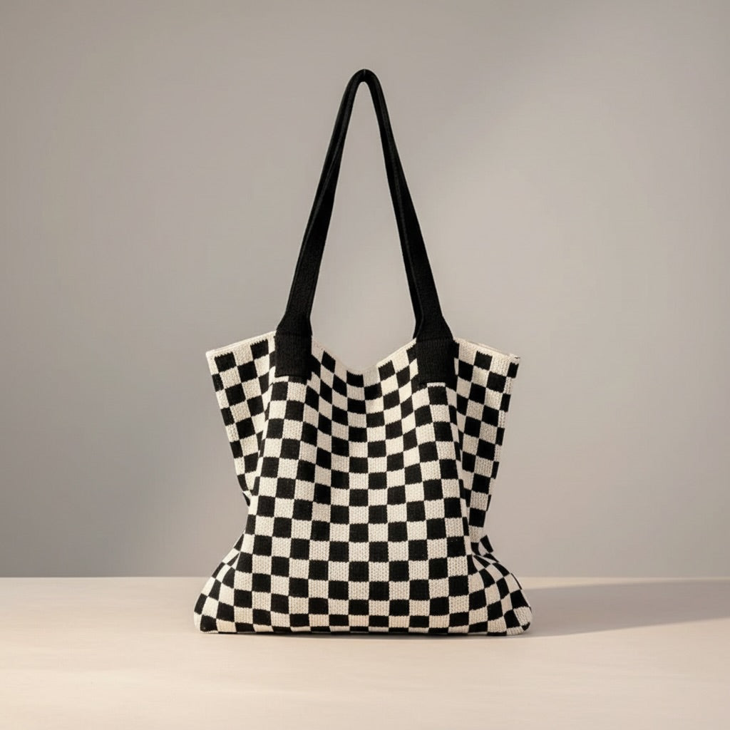 Checkered Knit Tote Bag