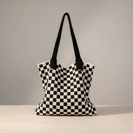Checkered Knit Tote Bag