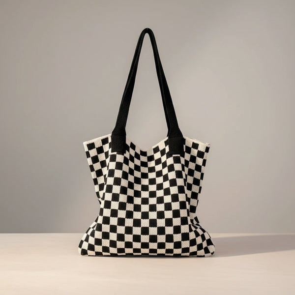 Checkered Knit Tote Bag