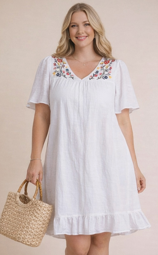 Embriordered Babydoll Mini Dress