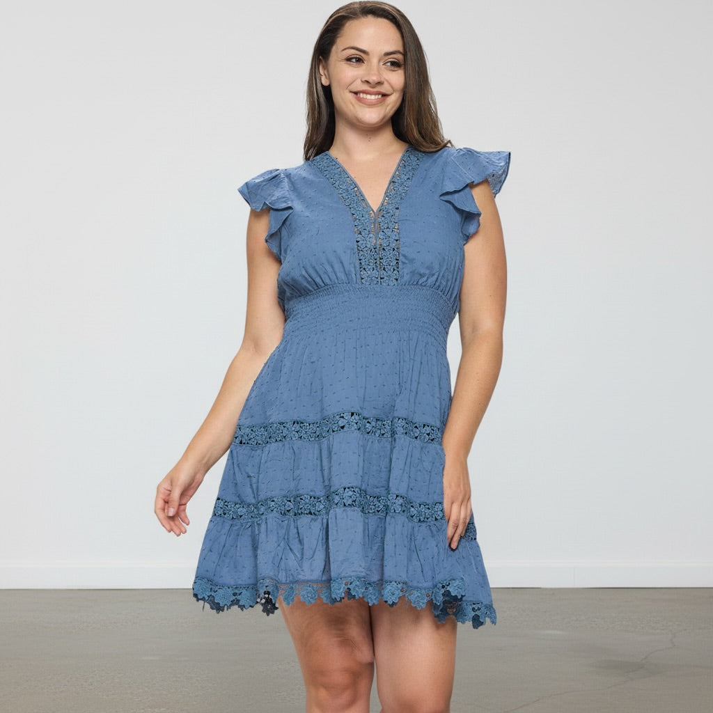 Crochet Lace Trim Flutter Sleeve Dress