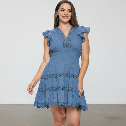 Crochet Lace Trim Flutter Sleeve Dress