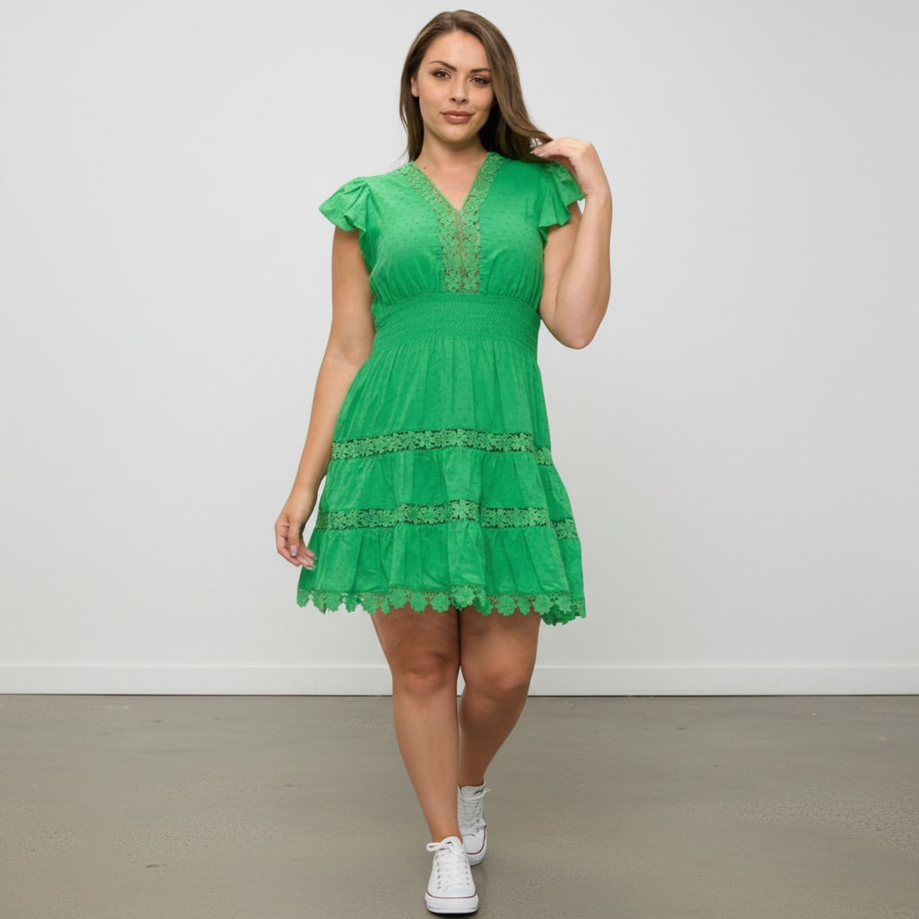 Crochet Lace Trim Flutter Sleeve Dress