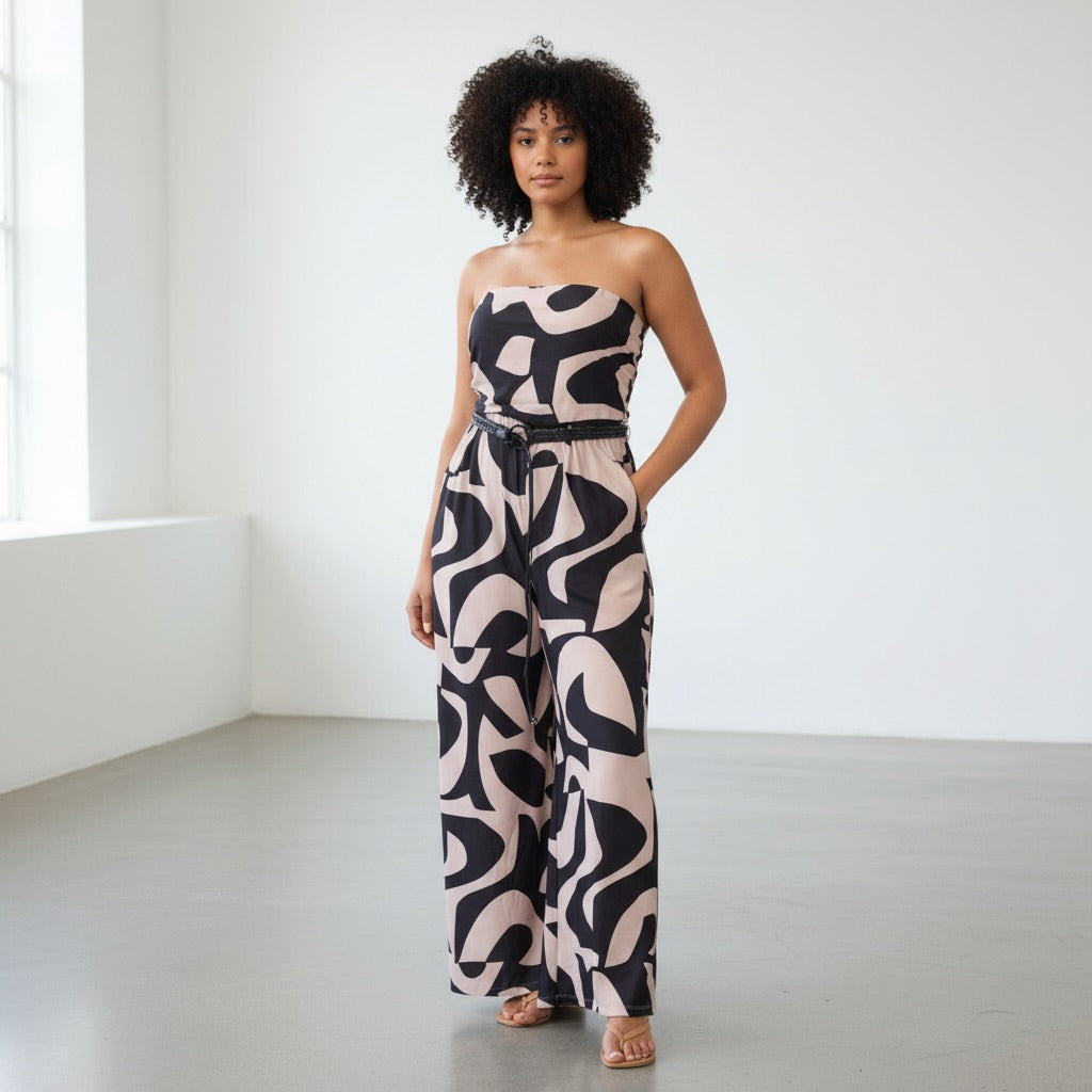 Abstract Print Strapless Jumpsuit