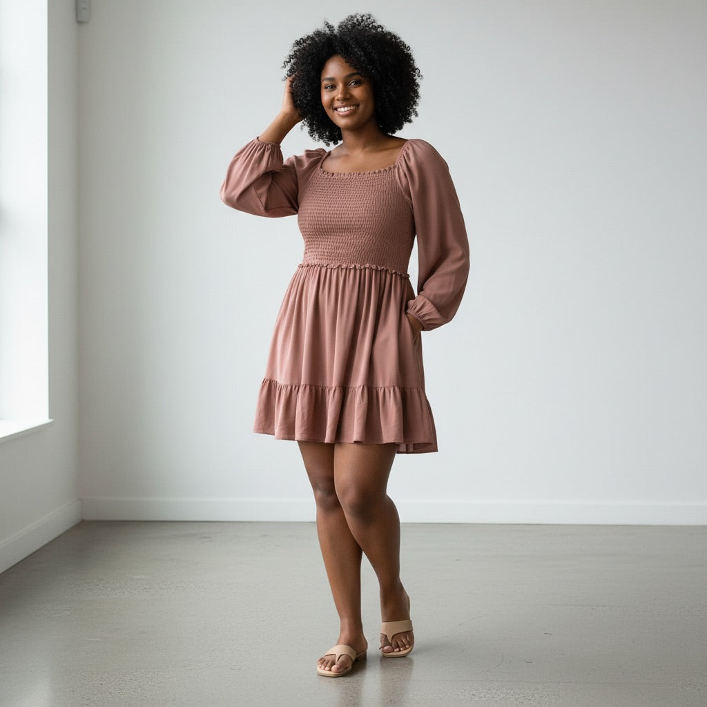 Smocked Bodice Long Sleeve Dress