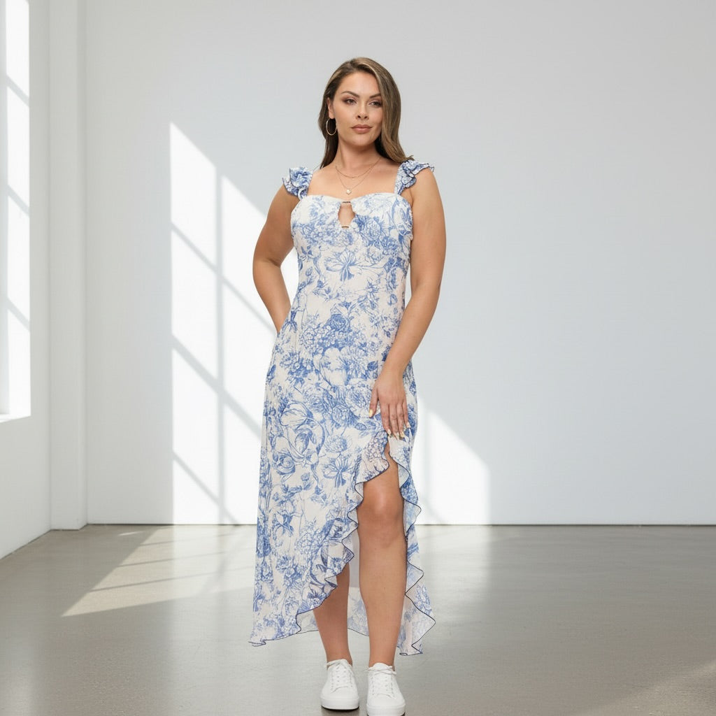 Floral Print Ruffle Sleeve Mesh Maxi Dress