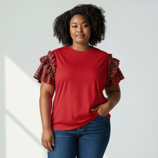 Plaid Pearl Ruffle Blouse