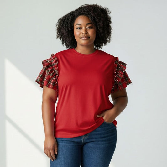 Plaid Pearl Ruffle Blouse