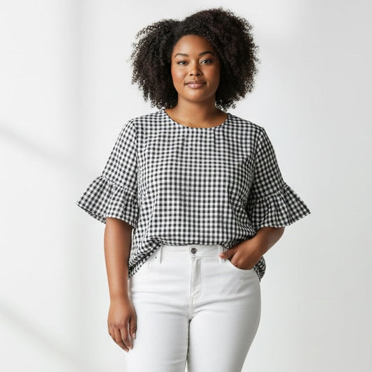 Gingham Bow Sleeve Blouse