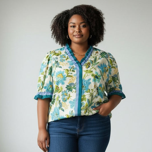 Blue Green Contrast Collar Blouse