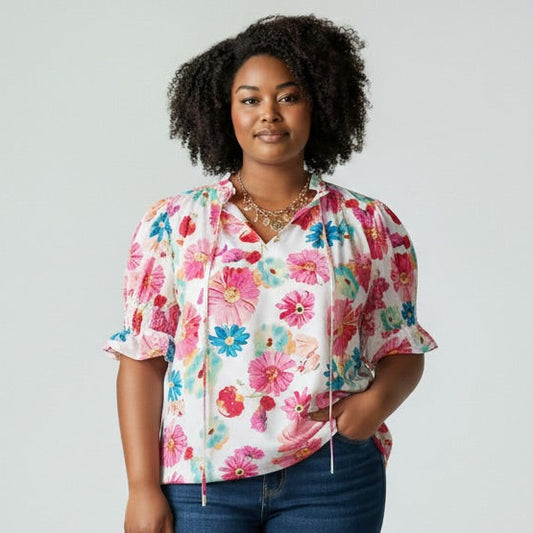 Floral Print Ruched Sleeve Blouse