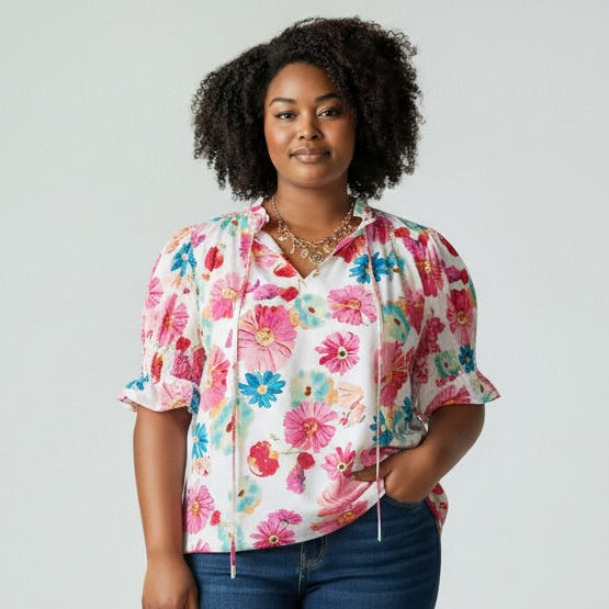 Floral Print Ruched Sleeve Blouse