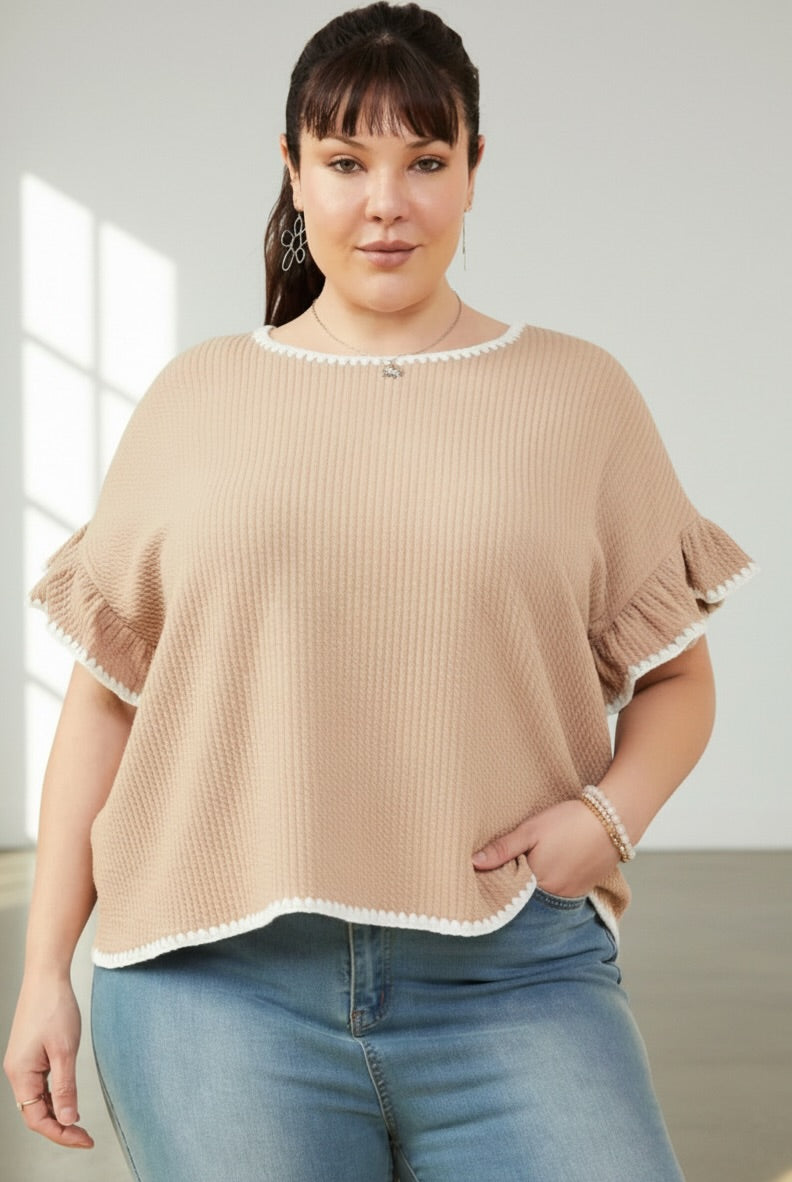 Textured Knit Contrast Ruffle Top