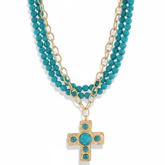 Layered Stone Cross Necklace Set