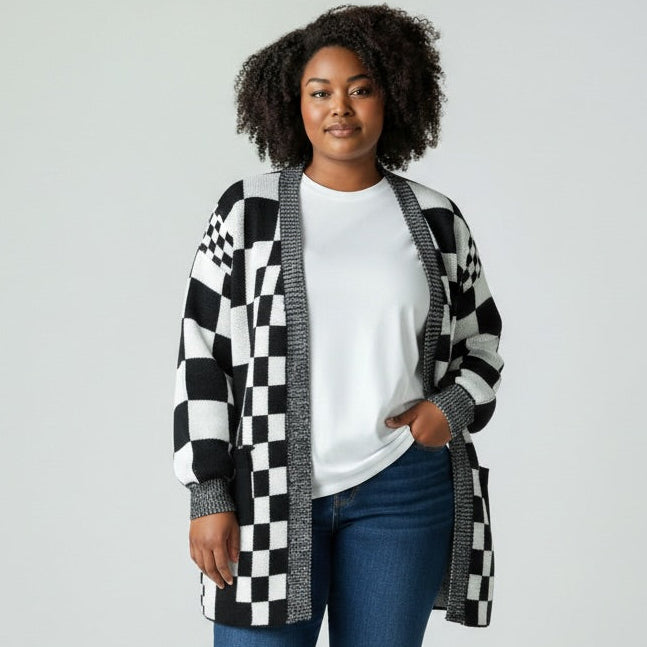 Long Checkered Pocket Cardigan