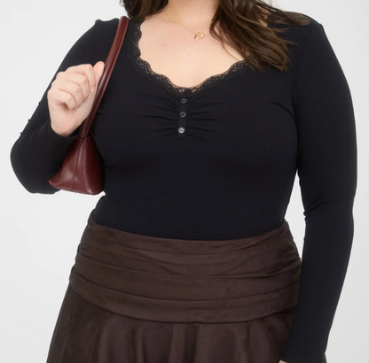 Lace Trim Button Detail Knit Top