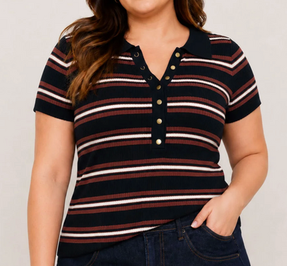 Multi-Color Stripe Ribbed Polo Top