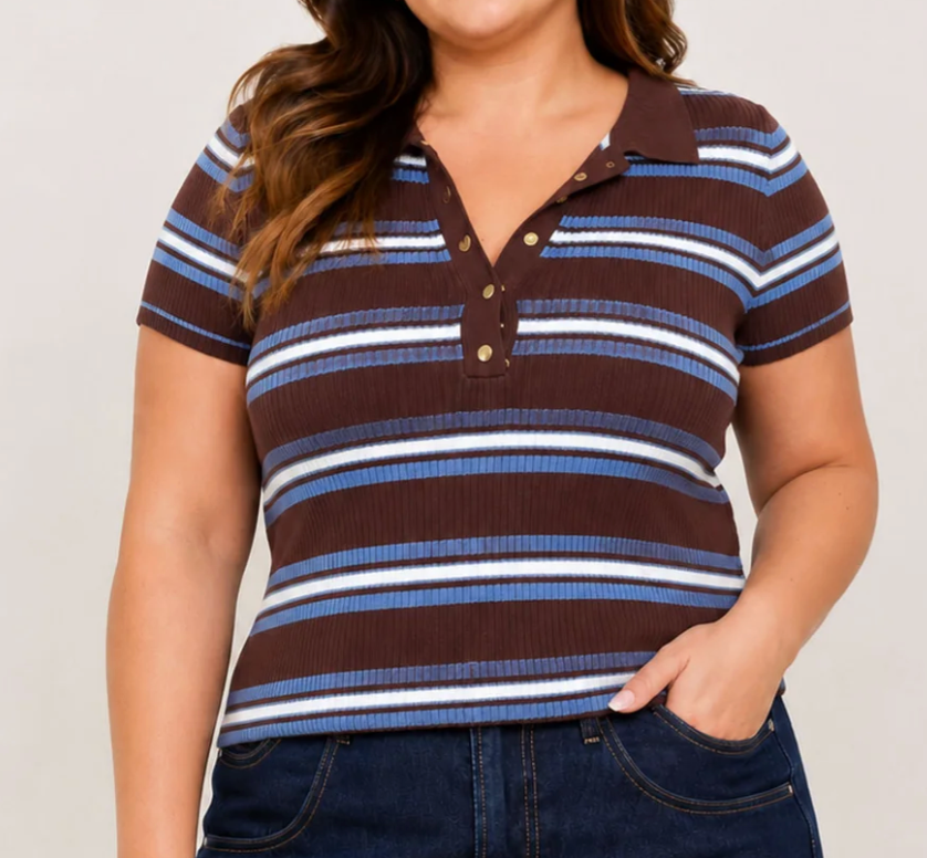 Multi-Color Stripe Ribbed Polo Top