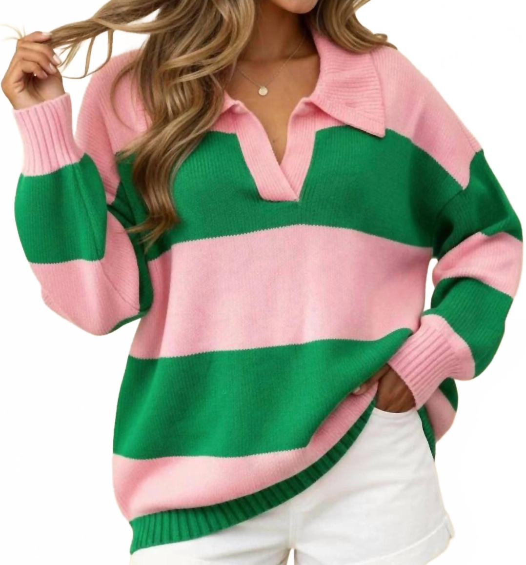 Pink Green Stripe Sweater