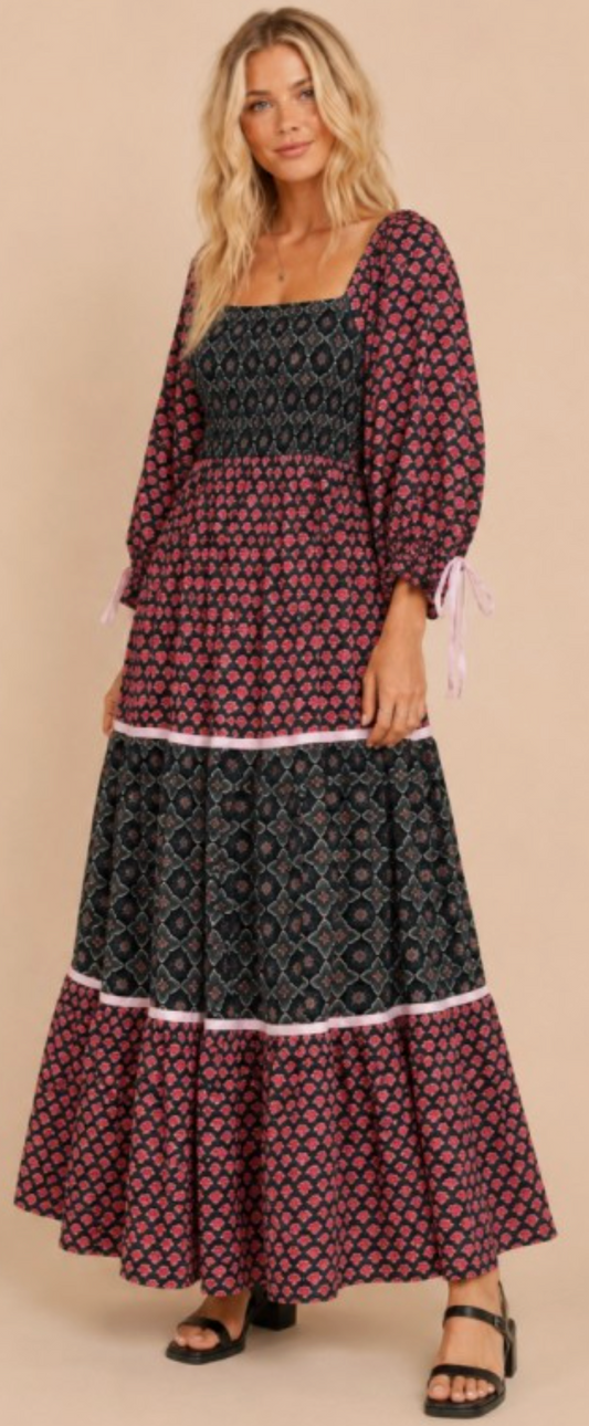 Floral Print Color Block Maxi Dress