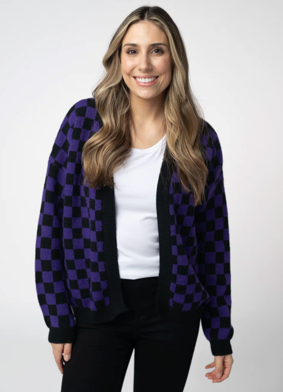 Black and Purple Checkered Cardigan