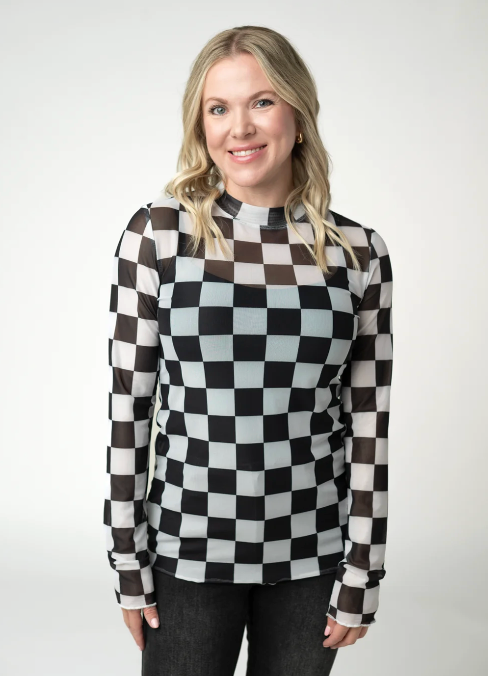 Checkered Mesh Long Sleeve Top