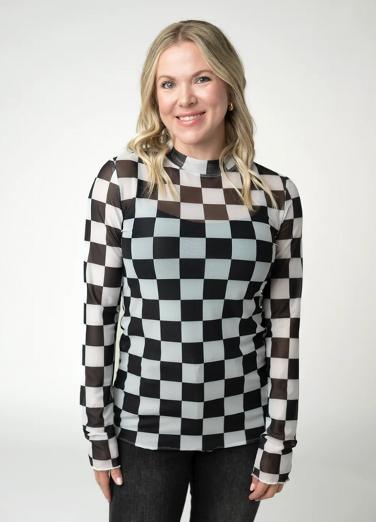 Checkered Mesh Long Sleeve Top