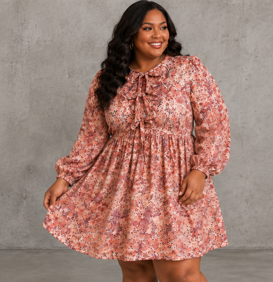 Long Sleeve Floral Bow Mini Dress