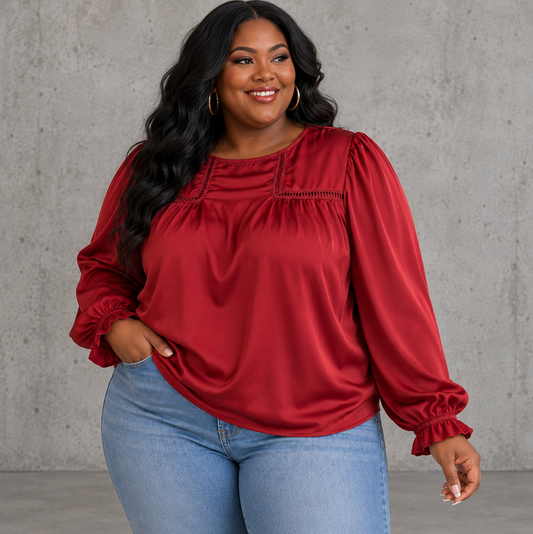 Satin Balloon Sleeve Blouse with Lace Trim