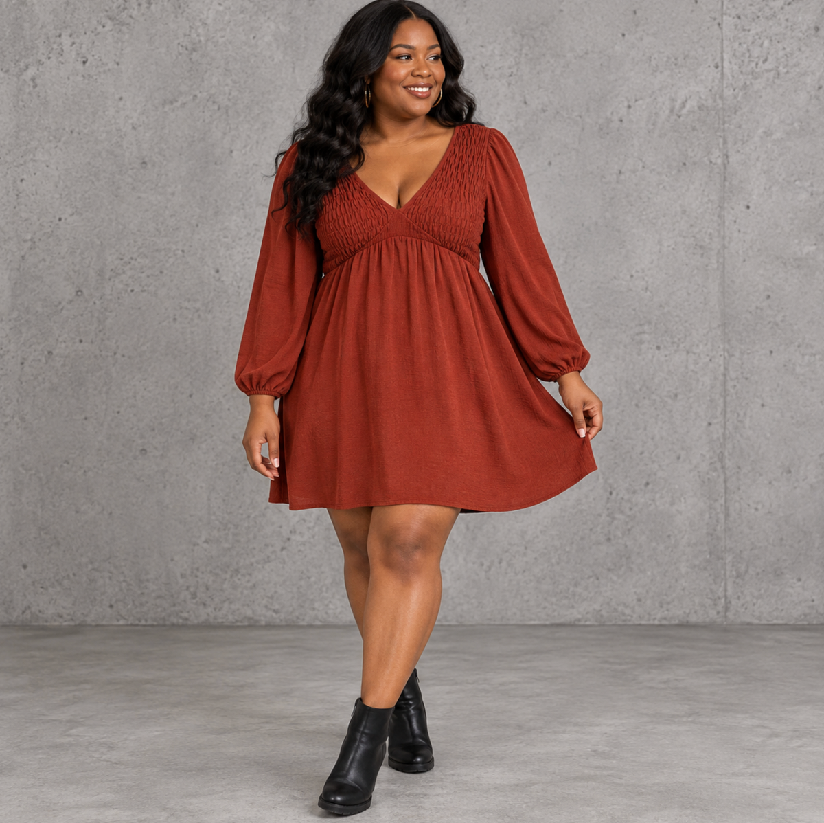 Smocked Bust V-Neck Mini Dress