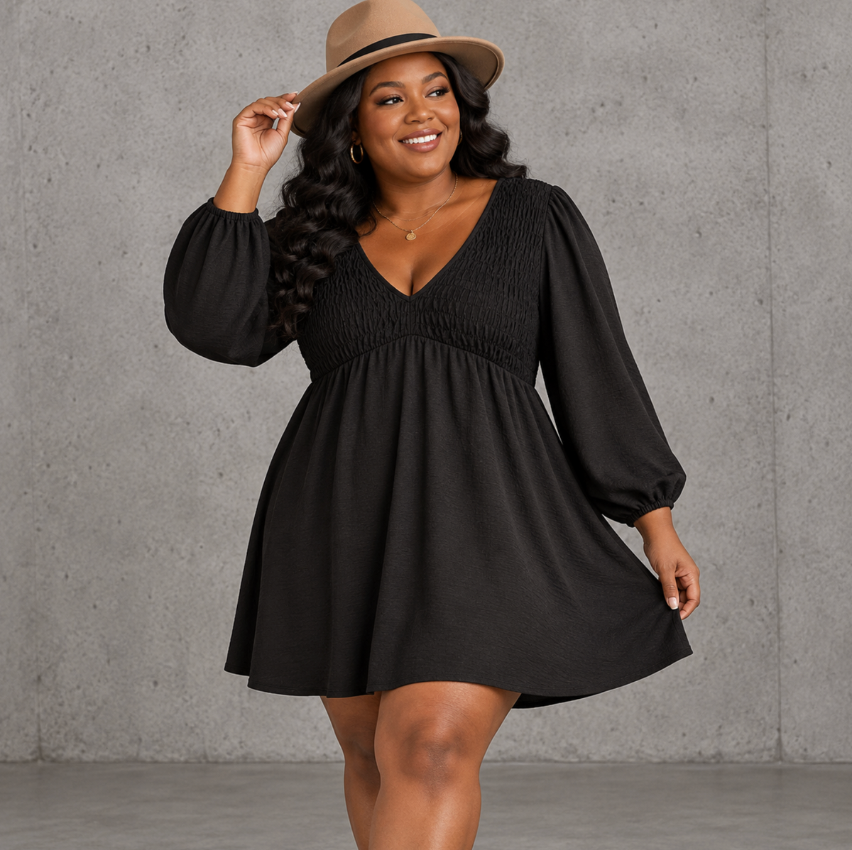 Smocked Bust V-Neck Mini Dress