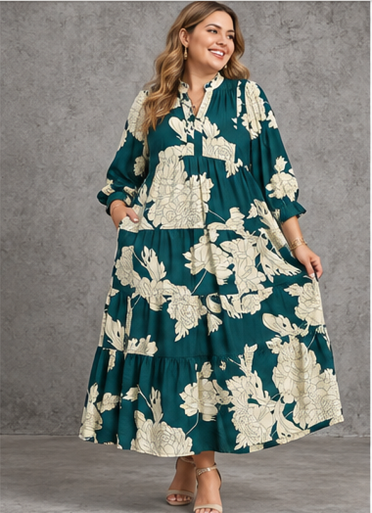 Teal Floral Tiered Maxi Dress
