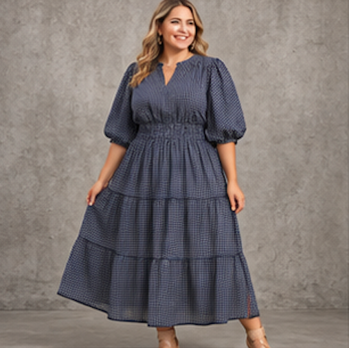 Navy Plaid Smocked Midi Dress