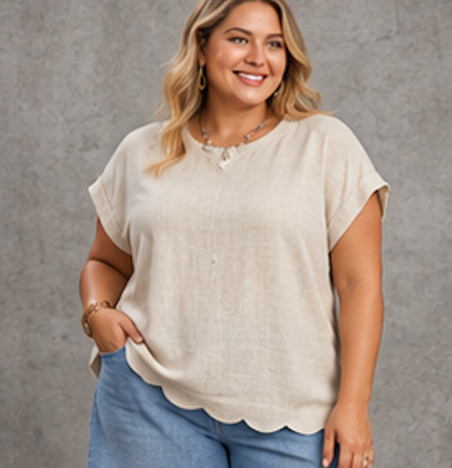 Scallop Hem Linen Blend Top