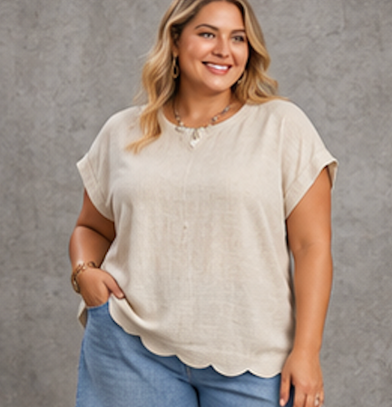 Scallop Hem Linen Blend Top