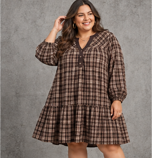 Brown Plaid Babydoll Dress