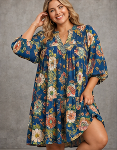 Abstract Fall Puff Sleeve Mini Dress