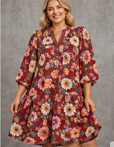 Abstract Fall Puff Sleeve Mini Dress