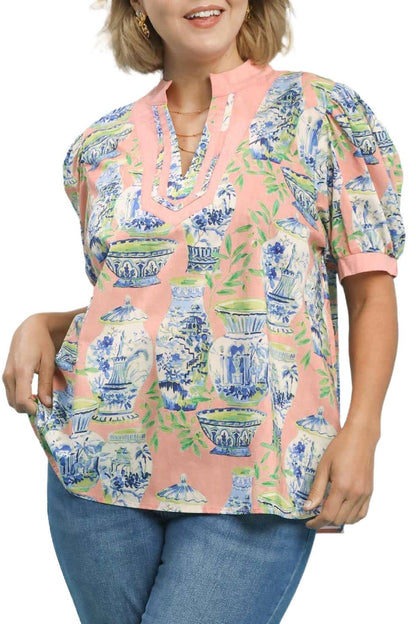 Vase Print V-neck Top
