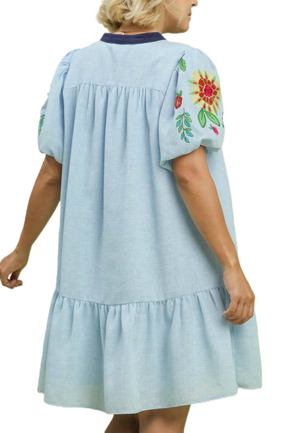 Embroidered Puff Sleeve Mini Dress