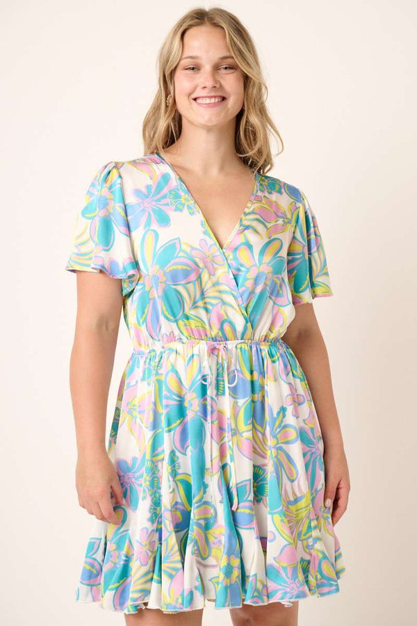 Flower Print Surplice Godet Detail Mini Dress