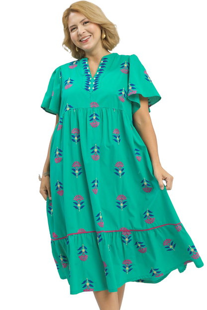 Embroidered Tiered Midi Dress