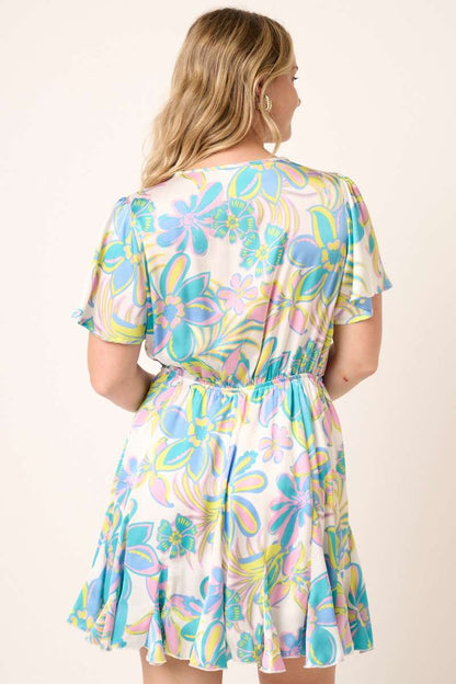 Flower Print Surplice Godet Detail Mini Dress